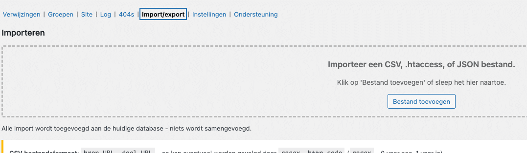 BURO210 Fullservice Marketingbureau Schermopname van de importpagina in WordPress, met de tekst 'Hoe kan ik in WordPress redirects toevoegen?' prominent weergegeven. Hier kun je een CSV-, .htaccess-, of JSON-bestand uploaden.