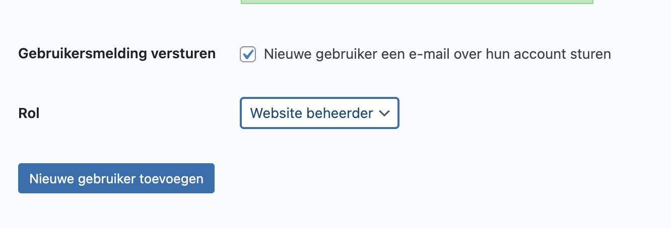 Vinkje voor e-mail sturen naar nieuwe gebruiker