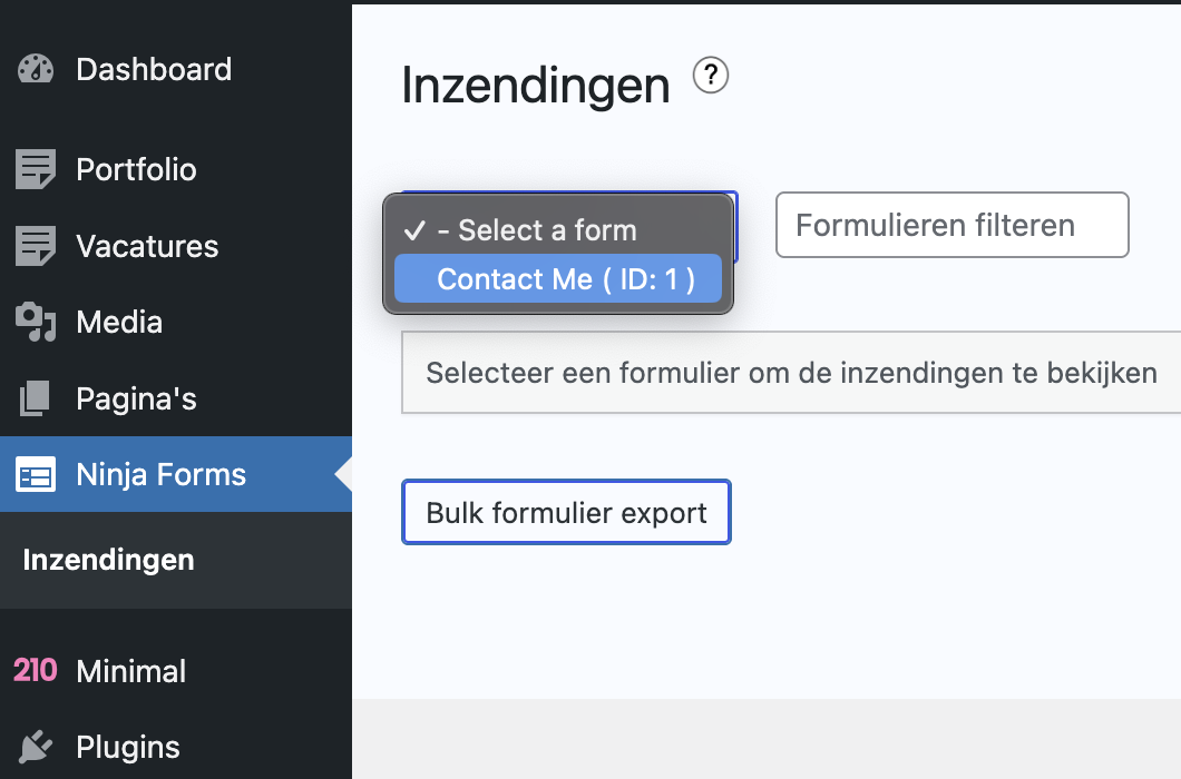 Shortcode opzoeken in Ninja Forms