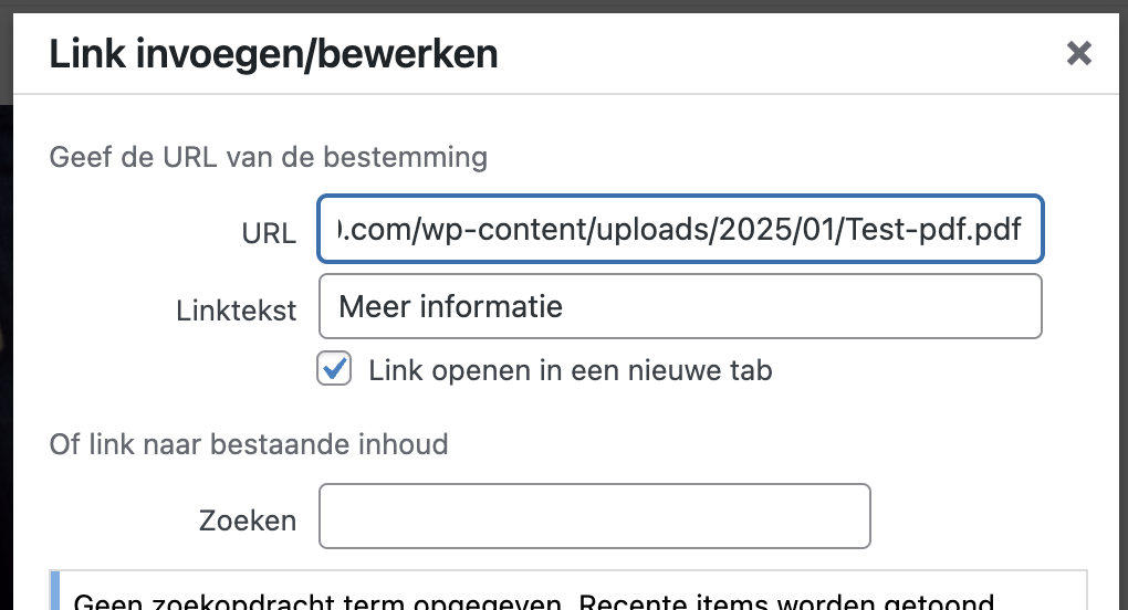 Instelling voor link openen in nieuwe tab