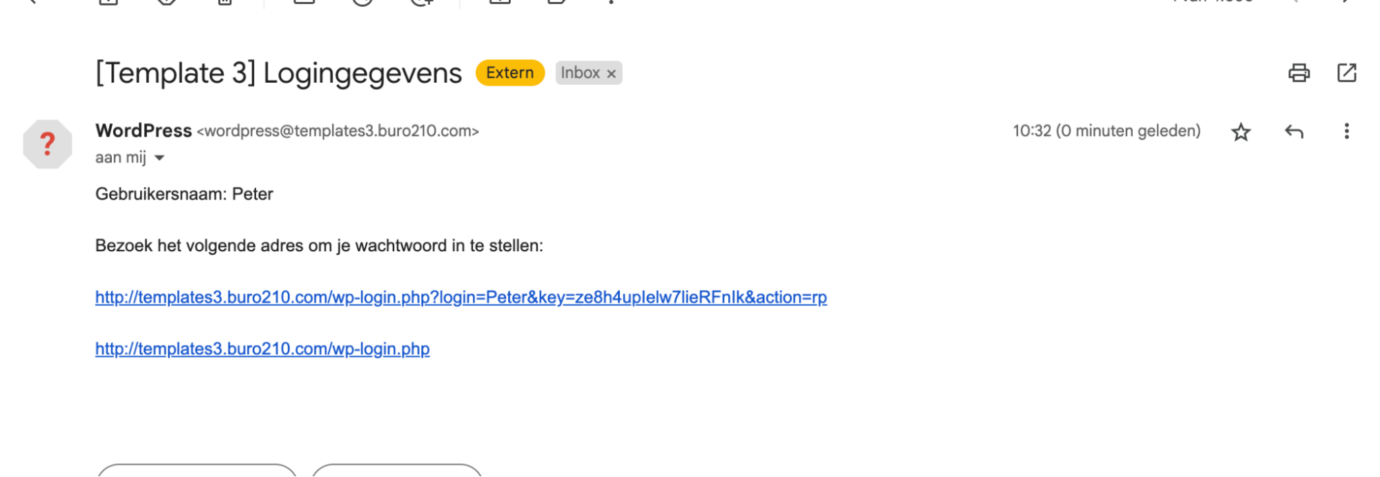 Voorbeeld van de welkomstmail voor een nieuwe WordPress-gebruiker